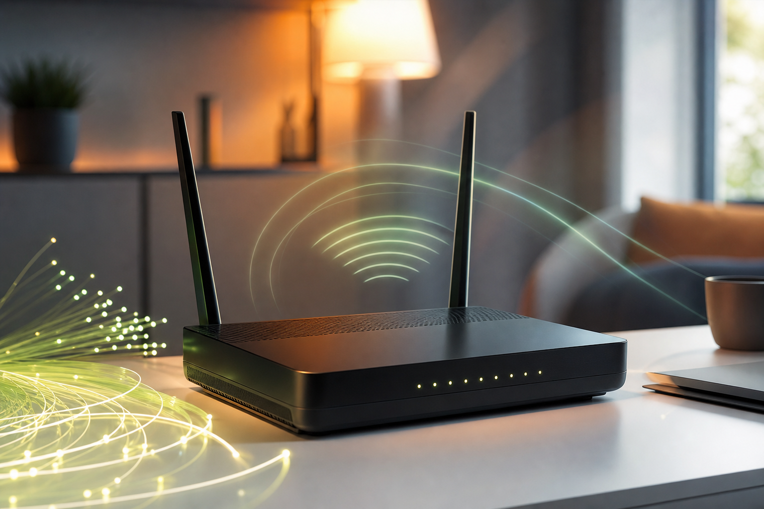 Router WiFi transmitiendo senal de fibra optica